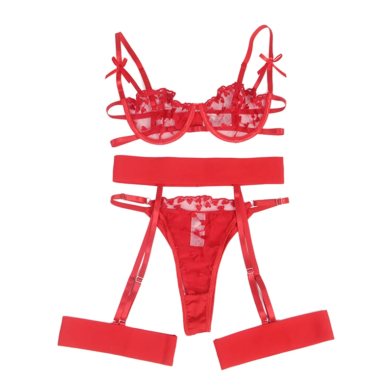 Women's Red Lace Embroidered Lingerie Set Underwire Bra Adjustable Garter Belt Panty Plus Size 3pcs Honeymoon Lingerie XS-4XL