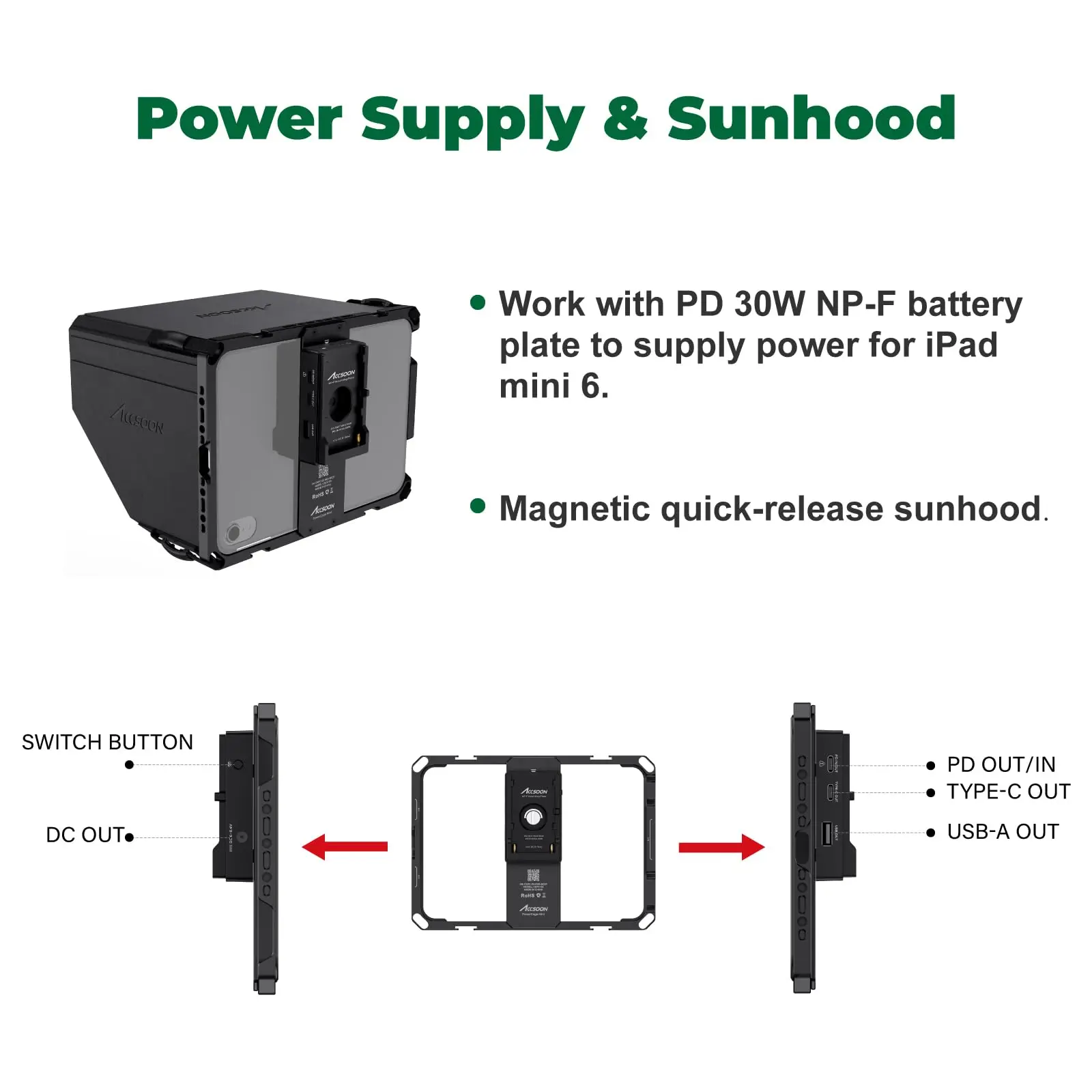 Accsoon PowerCage Mini For iPad Mini 6 with NP-F Battery Plate Adapter Adjustable Protection Case with Sun Hood Use with SeeMo