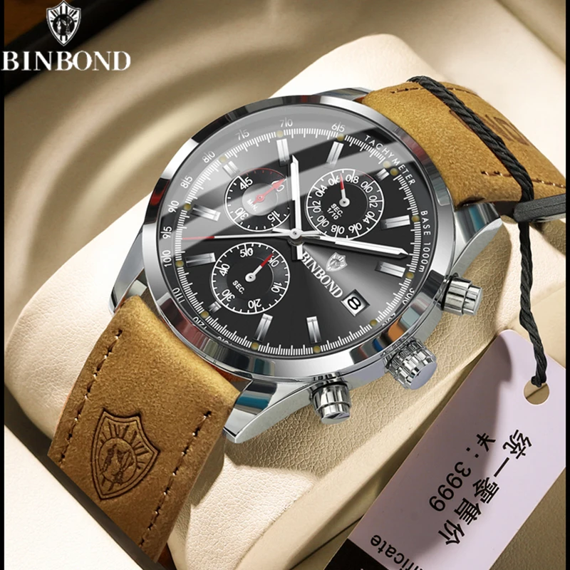 BINBOND Luxury Man Watch High Quality Waterproof Chronograph Luminous Men\'s Wristwatch Leather Men Quartz Watches Casual Clock