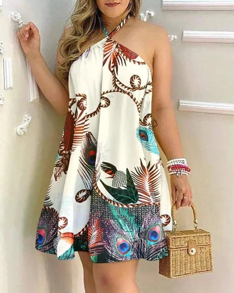 Tropical Print Halter Neck Dress, Vacation Style Backless Dress For Spring & Summer, Women\'s Clothing