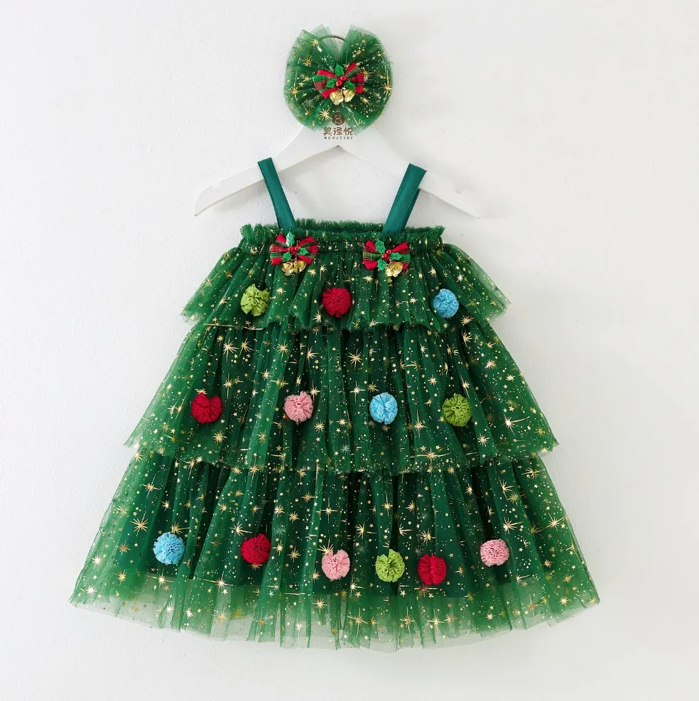 2026 السنة الجديدة فتاة صغيرة فستان عيد الميلاد الأخضر ستار طباعة ساحة الرقبة بلا أكمام الطبقات تول فستان مع القوس جرس مشبك شعر #4