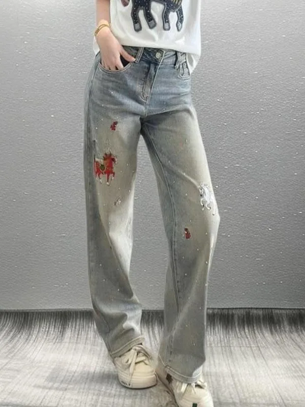 

Fun Embroidered Straight Leg Denim Jeans Women's Spring Washed Vintage Light Blue Wide Leg Pants High Waist Zipper Closure
