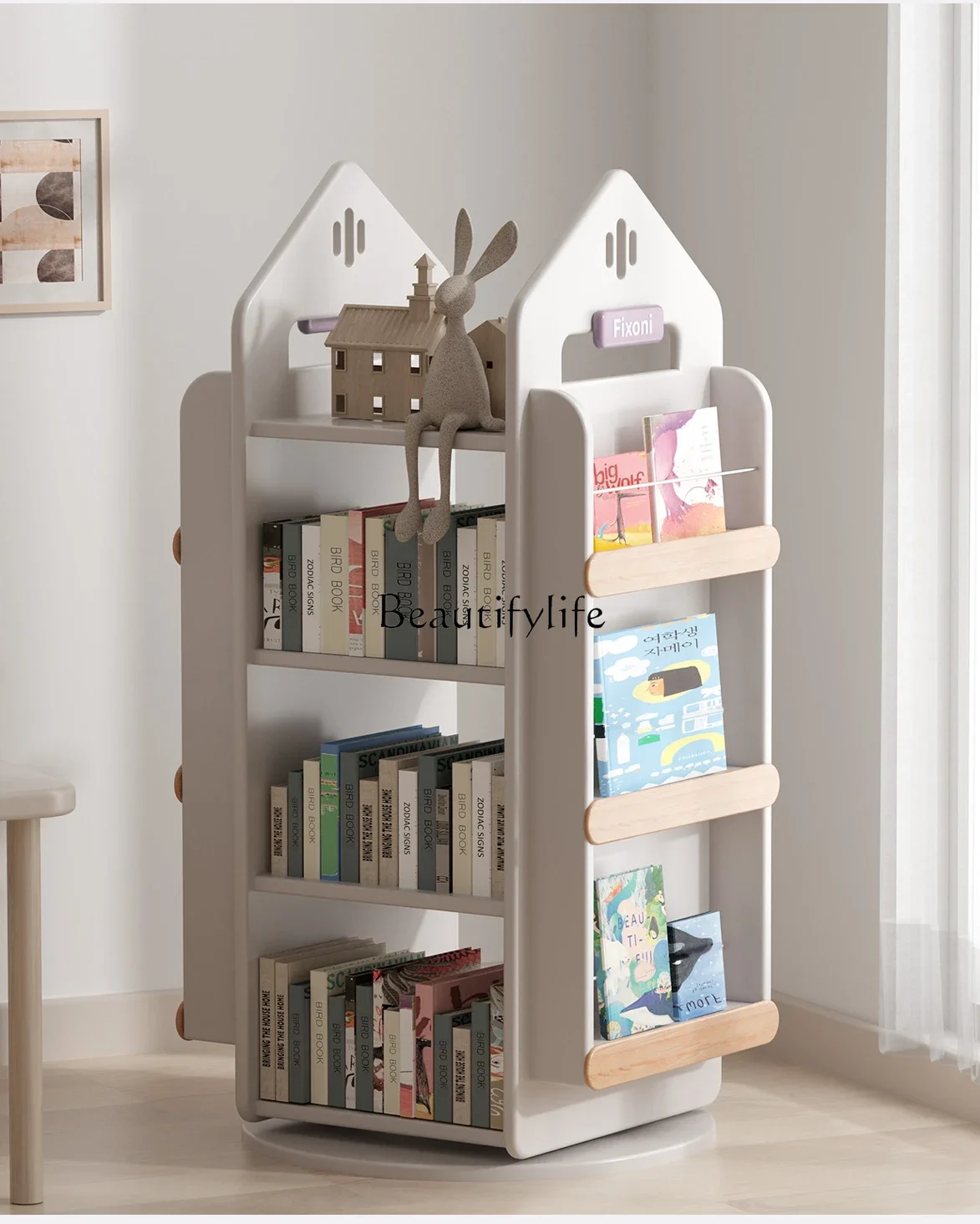 

4Castle rotating bookshelf 360 degree bookcase all solid wood storage picture book floor shelf