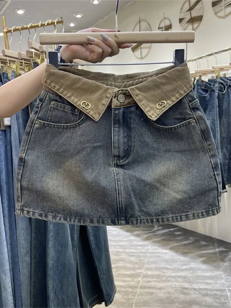Color Blocking Denim Skirt for Women Retro High Waisted Blue Hip Hugging Short Skirt 2026 New Summer Anti Glare Half Dress