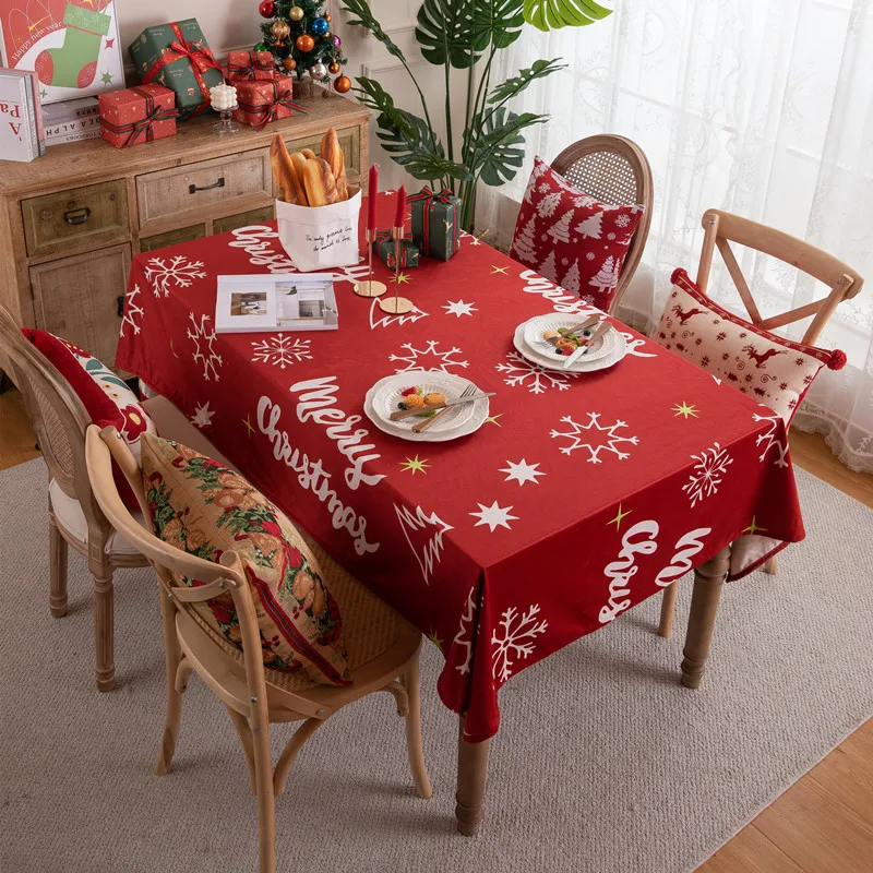 

Festive "Merry Christmas" Print Tablecloth - Red Flannel with Snowflakes and Trees, Rectangular Table Cover