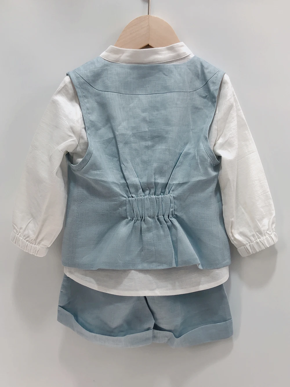 Boys Pure Linen 3Pcs Set Long-Sleeved Shirt Blue Shorts Vest Suit Retro Elegant Birthday Party Clothing Breathable Skin-Friendly