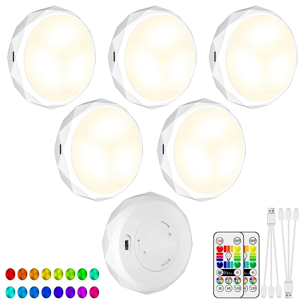 

Rechargeable Led Puck Lights 6 Pack,Under Cabinet Lighting with Remote Dimmable RGB 16 Colors Timing Wireless Tap Lights