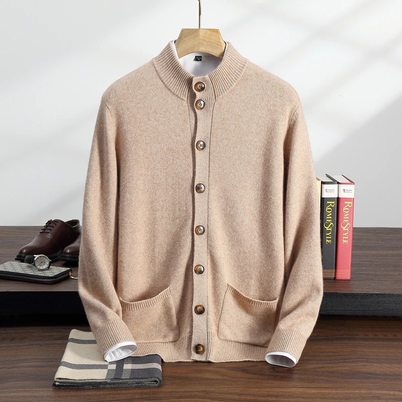 

2025 SoftCash Autumn Winter Men's Warm Soft High-Quality Button Casual Business Thick Stand-Collar 100% Cashmere Knitwear Coat