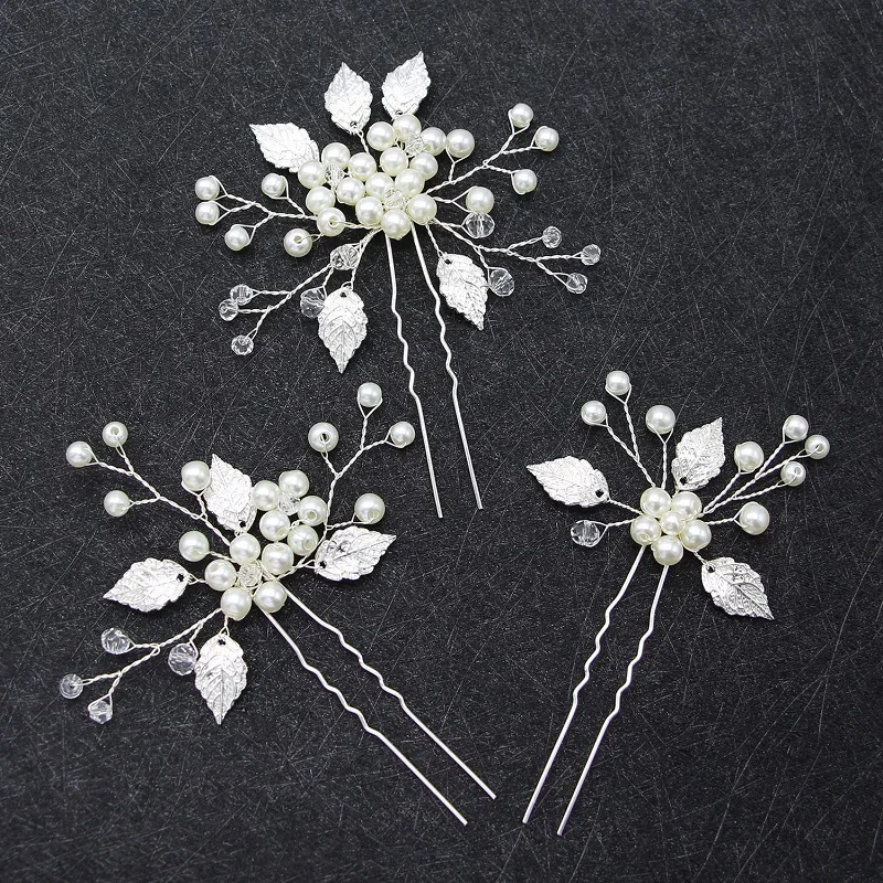 Pearl Flower Hairpin Gold Color Leaf Shaped Alloy Tiaras Wedding Bride Insert Hair Clips Hair Jewelry Accessories Bride Headwear