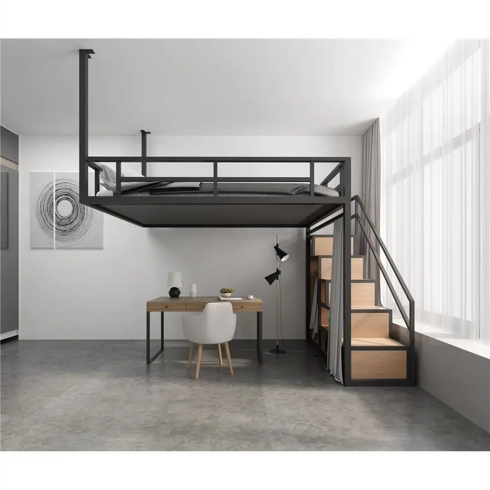 New single small apartment elevated bed wrought iron single double bed creative design duplex second floor bed