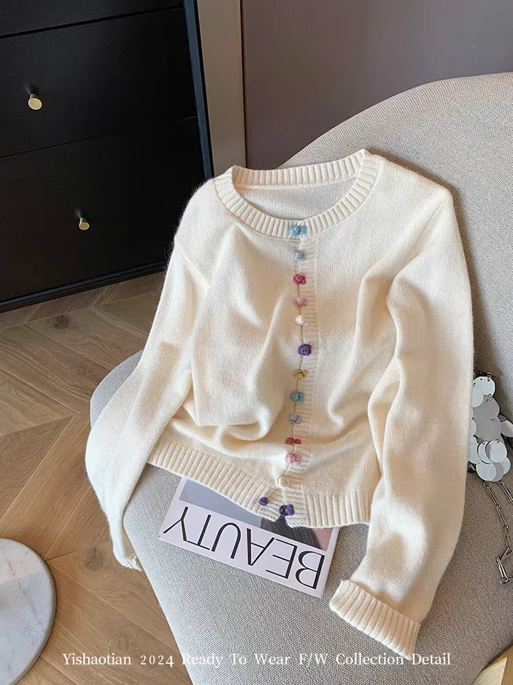 Women\'s White O-Neck Cardigan Sweater Harajuku Y2k Long Sleeves Knitted Cashmere Sweaters Aesthetic Vintage 2000s Clothes Autumn