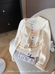 Women's White O-Neck Cardigan Sweater Harajuku Y2k Long Sleeves Knitted Cashmere Sweaters Aesthetic Vintage 2000s Clothes Autumn