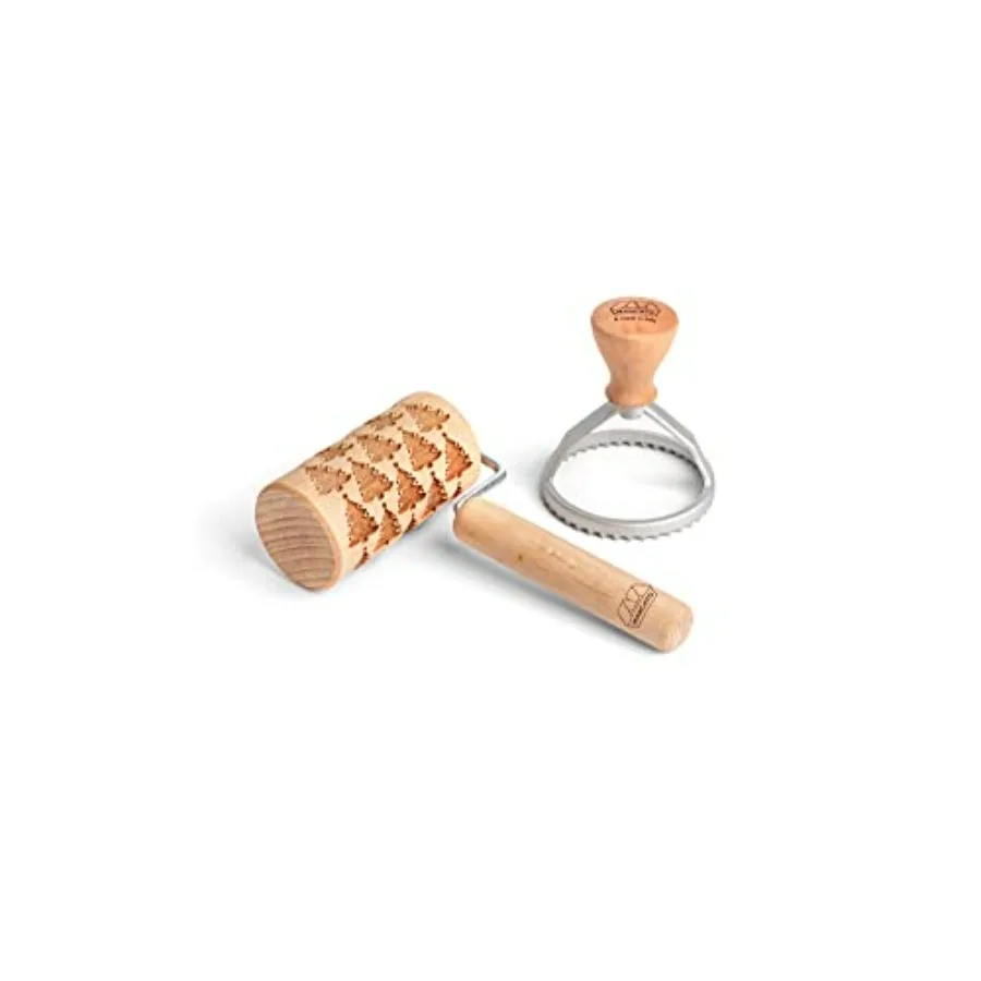 

Made in Italy Holiday Cookie Gift Set with Christmas Trees pattern rolling pin and round shape stamp. Green set