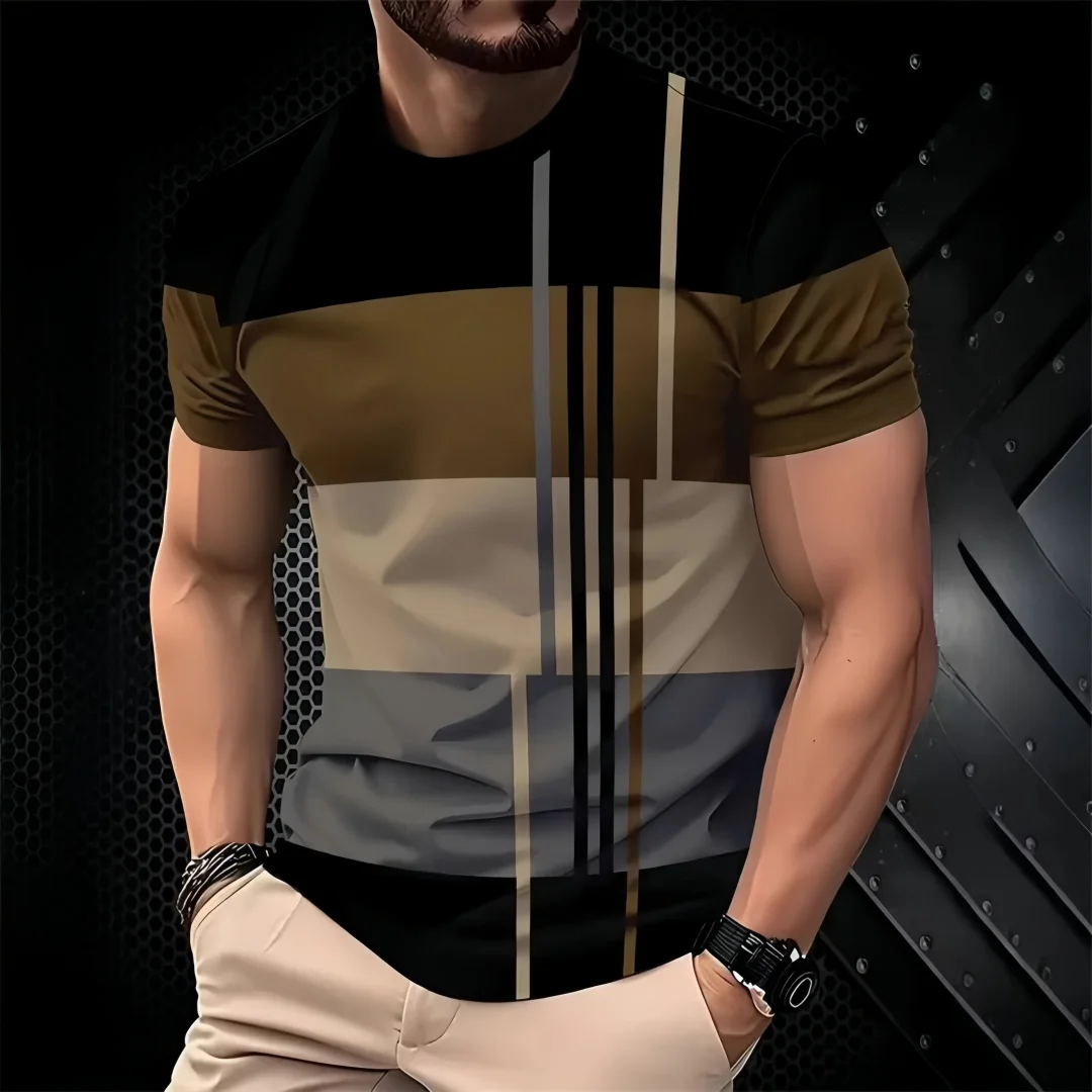 Men Crew Neck T-Shirt Color Block Horizontal Vertical Stripes Casual Short Sleeve Tee