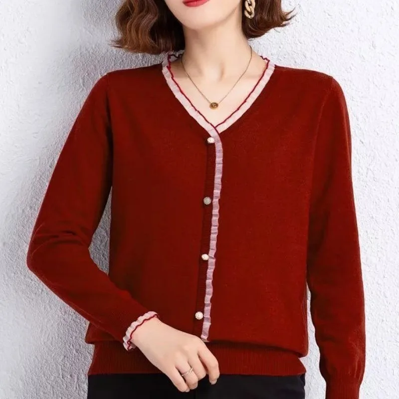 Women\'s 2023 Spring and Autumn Solid Color Pullover V-Neck Knit Ruffles Long Sleeve Button Fashion Sweaters Female Clothing Tops