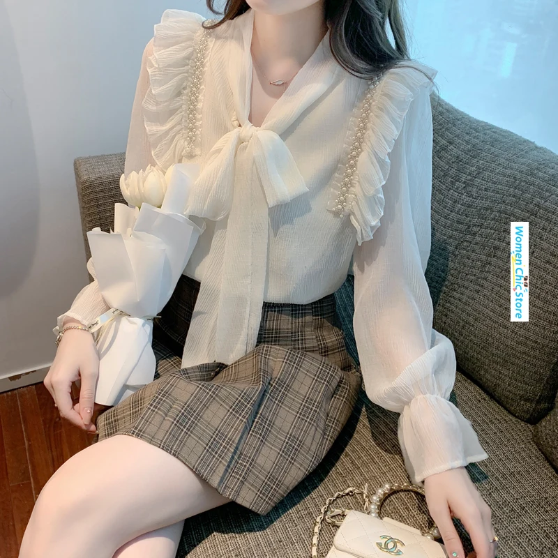 

Bow Tie Beading Ruffles Spliced Long Sleeve Apricot Blouses Women Tops Spring Autumn Elegant French Style Chic Loose Shirt 7115