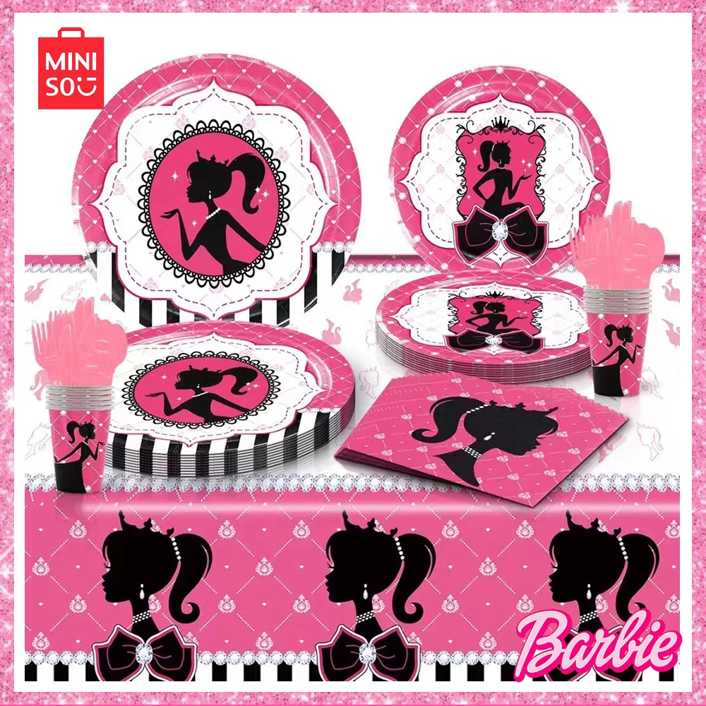 Miniso New Pink Barbie Holiday Decoration Birthday Party Paper Plate Cups Balloon Tablecloth Cake Insert Tableware Set Girl Gift