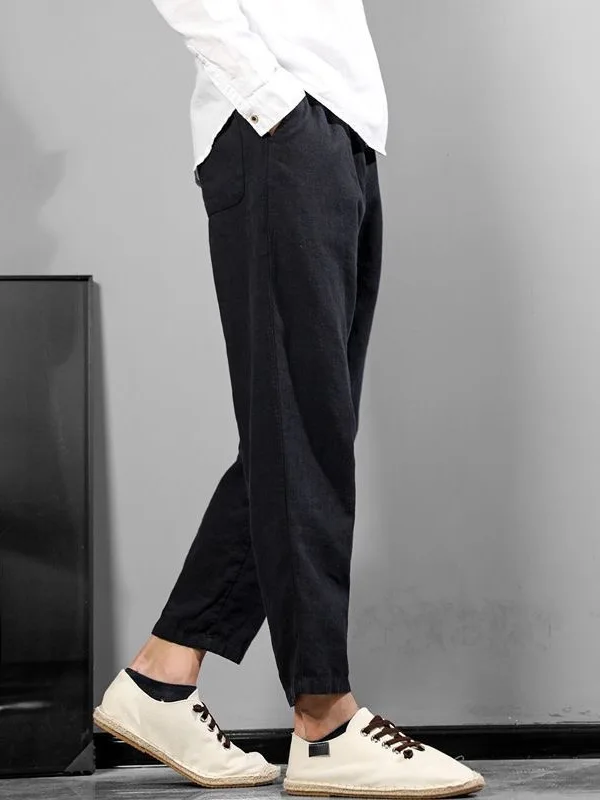 

Cotton Linen Men's Straight Leg Pants Summer Casual Loose Wide Leg Thin Nine Points Trousers Faionable Brand Breathable