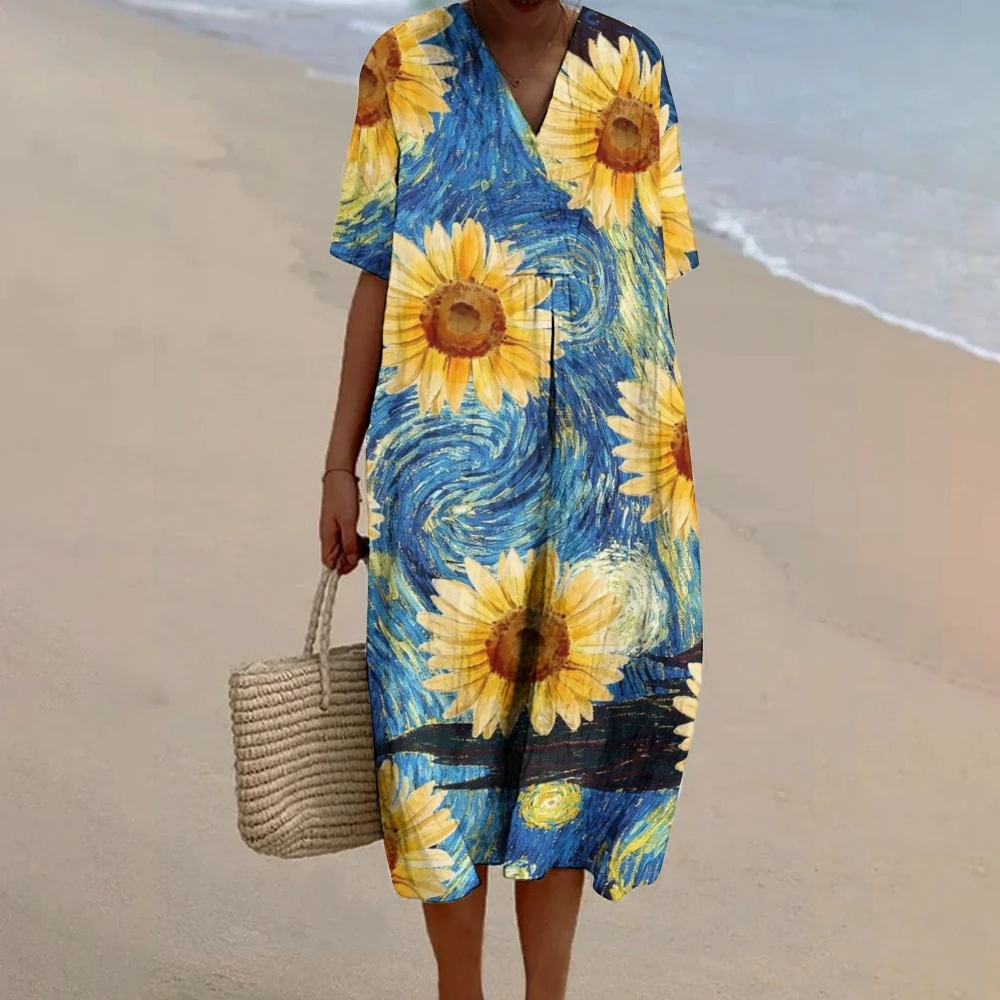 

Ladies Fluffy Linen Dress Casual Loose Clothing Vintage Sunflower Graphic Printed Short Sleeve V-Neck Chic Elegant Beach Dress