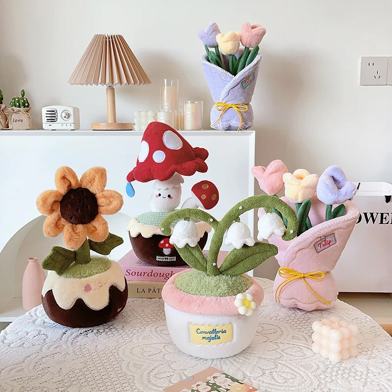Potted Plant Plush Toy Sunflower Lily of The Valley Mushroom Stuffed Doll Cute Simulation Flower Plushie Room Decor Holiday Gift