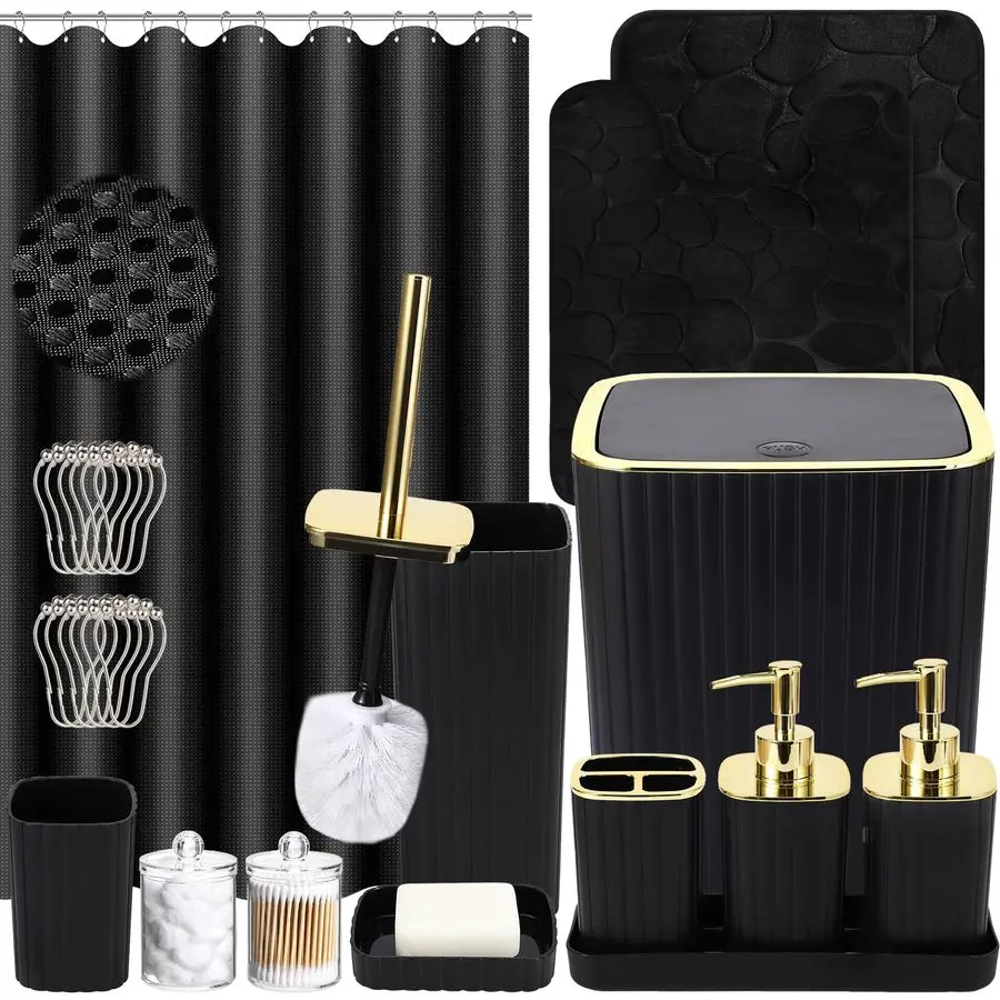 

Set with Shower Curtain and Rugs 25PC Bathroom Accessory Set, Black Shower Curtain Set, Toilet Brush, Trash Can, Qtip Holder Di