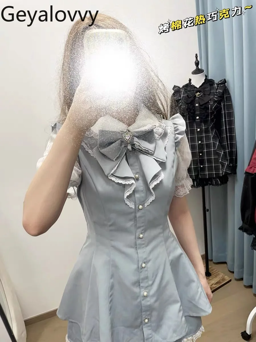 

Japanese Style SC Sweet Heart-shaped Rhinestone Button Slimming Dress Bow Lace Patchwork Short Sleeve Dress and Shorts Set