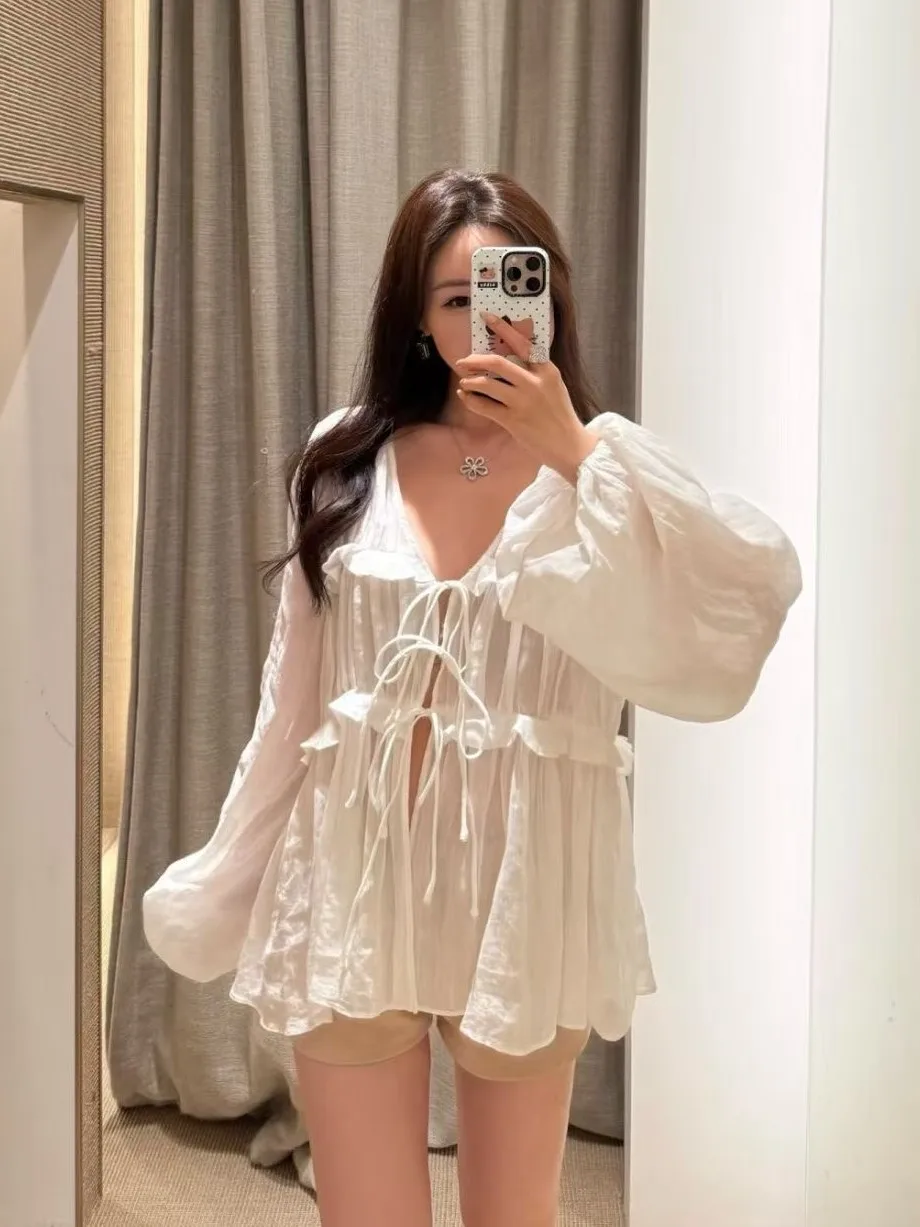 

Women White Blouse Top Ruffles Spliced V-Neck Lantern Sleeve Solid Color Casual Ramie Shirt