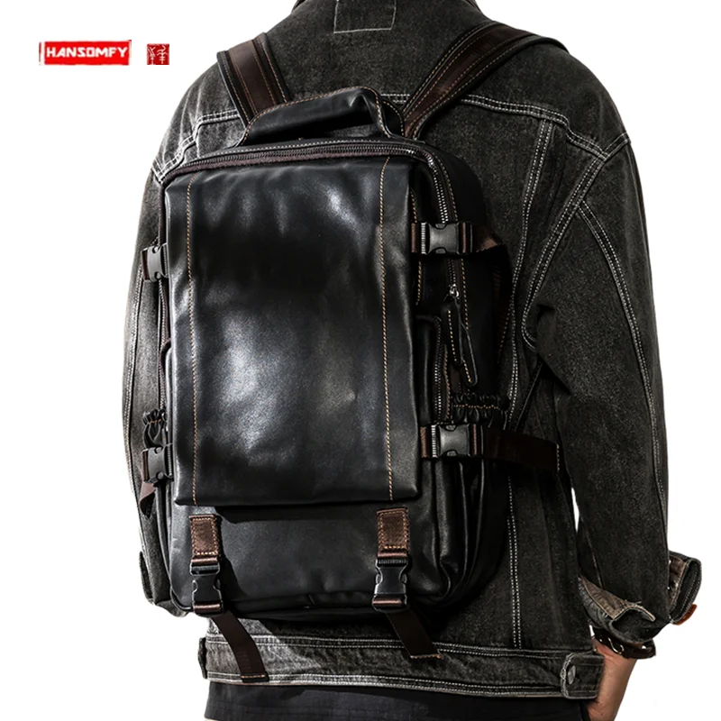 Genuine Leather Fashion Brand Backpack Men's Large Capacity Cowhide College Student Computer Travel Bag Student Backpack Women