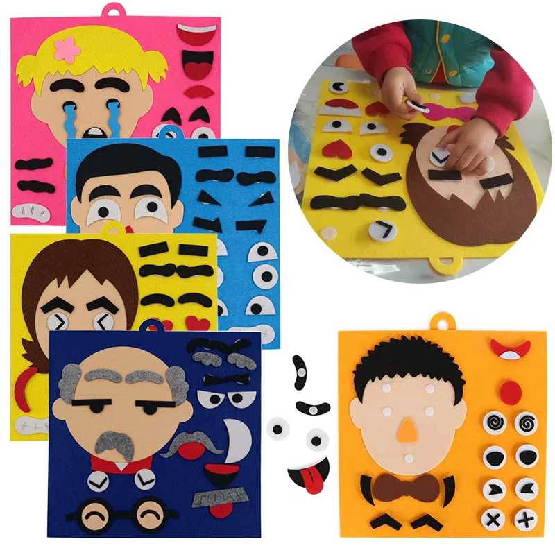 1Set Emozione Cambio Puzzle Feltro Giocattoli Adesivi Non tessuto 3D FAI DA TE Cognitivo Espressione Facciale Gioco Puntelli Primi Giocattoli Educativi ZYF