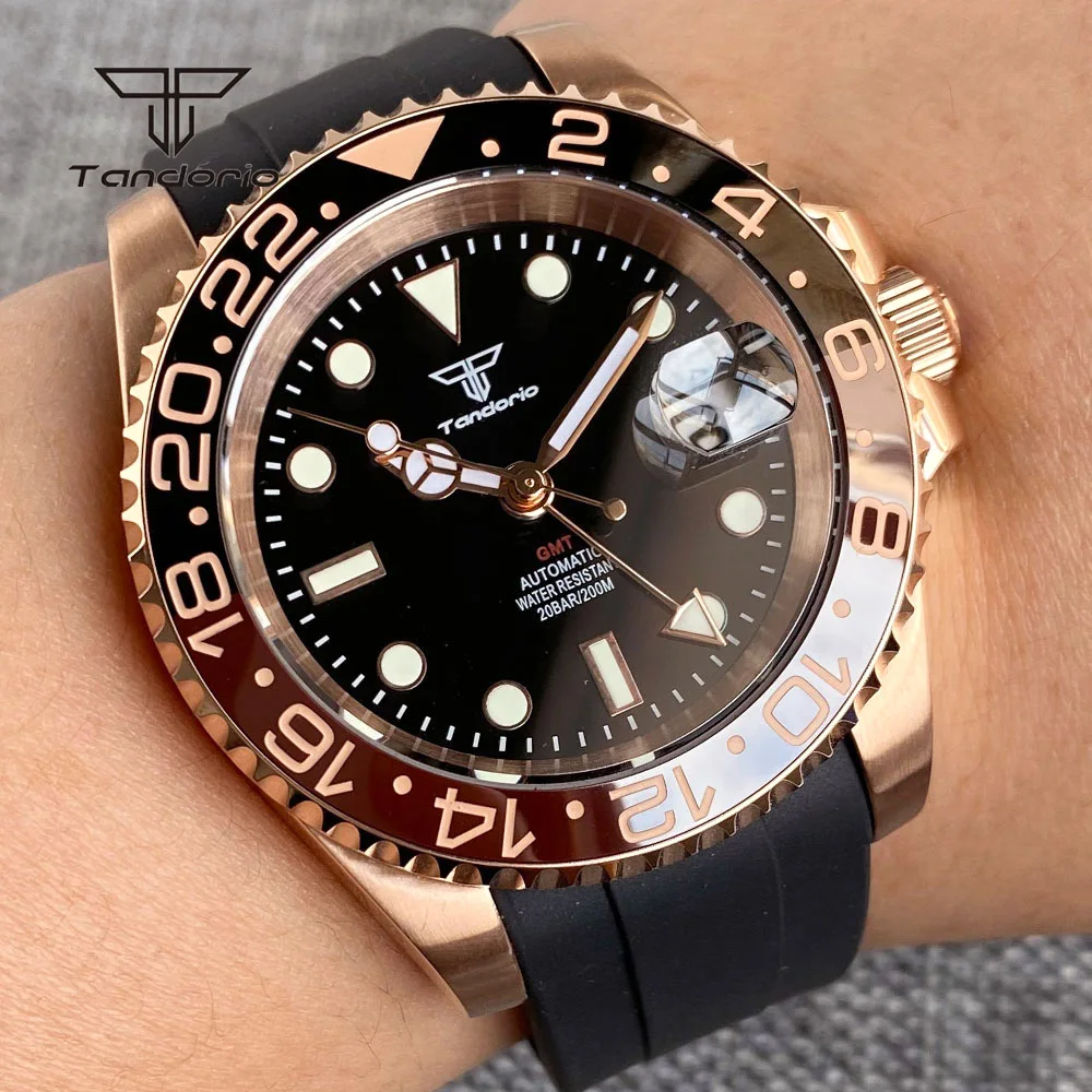 

Tandorio NH34 Automatic Rose Gold GMT Watch for Men Dive 24H Ceramic Bezel Sapphire Wristwatch Luxury Date 316L Stainless Steel