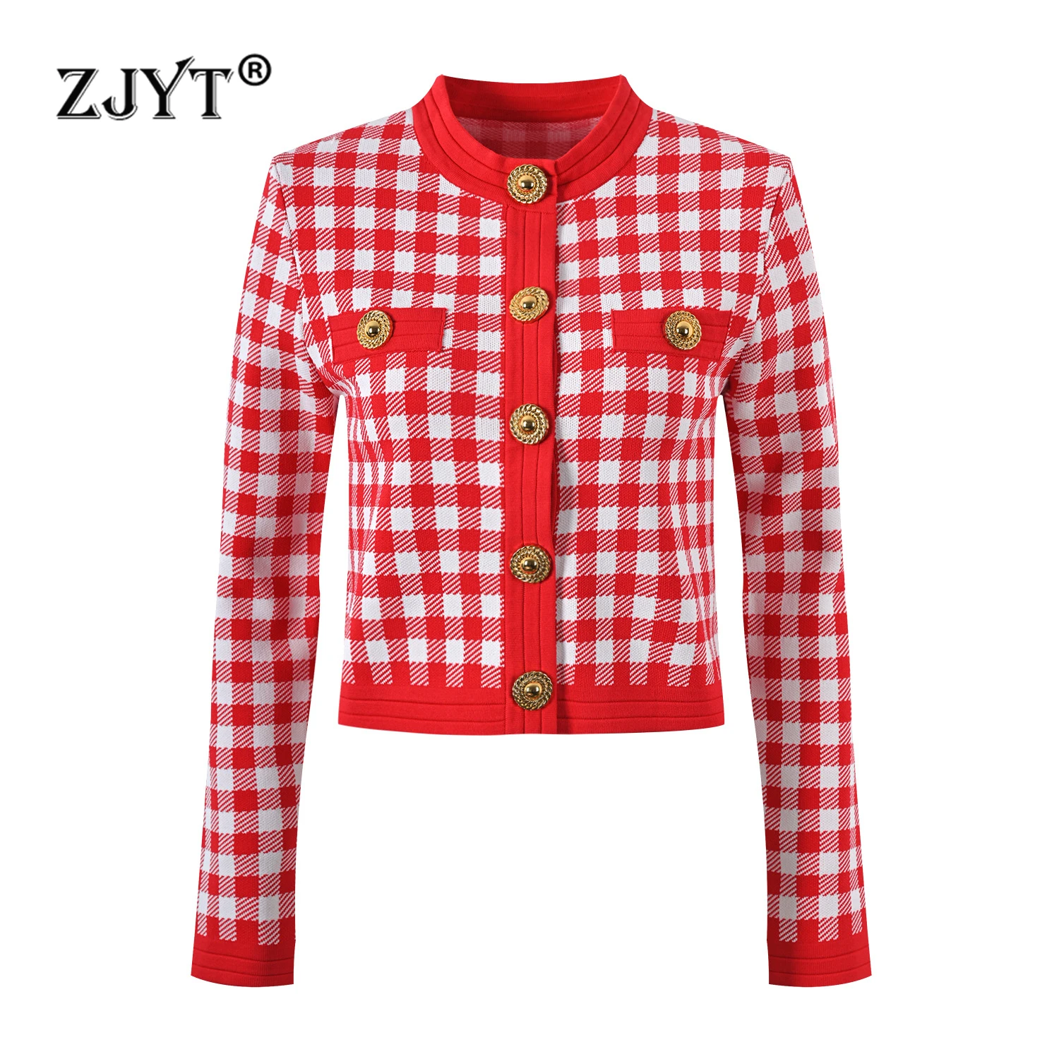 

ZJYT Women's Single Breasted Cardigan Sweaters Coat Plaid Knitting Tops Female Europe Fashion O Neck Knitwears Jersey Mujer 2024