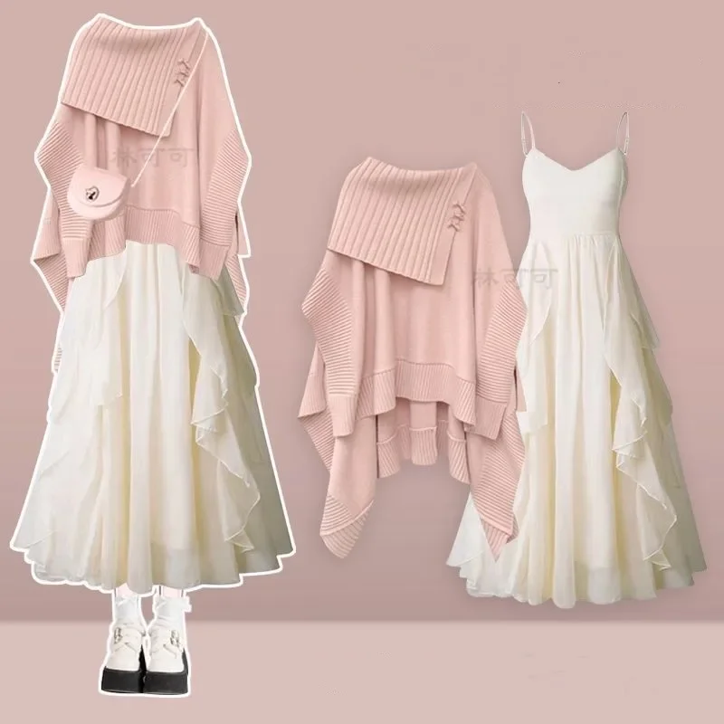 

Women's Autumn Winter New Vintage Knit Shawl Sweater+Sexy Sling Skirt Two-piece Suit Korean Elegant Pullover Dress Matching Set