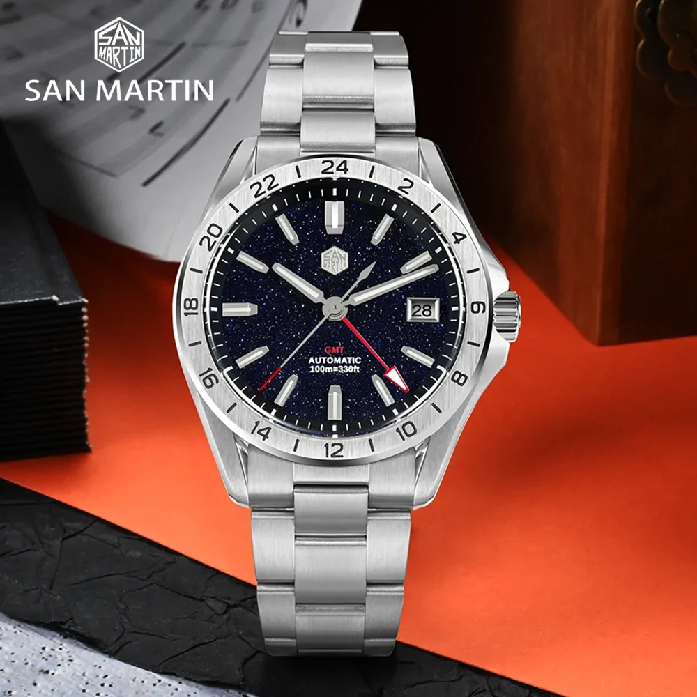 San Martin Original 39mm GMT Aventurine Gemstone Dial Luxury Men\'s Automatic Mechanical Watch NH34 Sapphire Waterproof Luminous