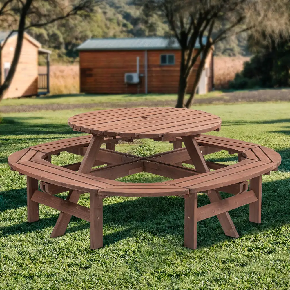 

10-12-person Round Outdoor Wooden Picnic Table for Patio, Backyard, Garden, DIY with 1 Built-in Ring Stool, 500-lb Weight Capaci