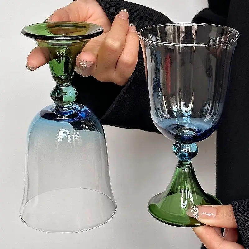 Vintage Glass Cup Personalized Transparent Gradient Blue Cocktail Cup Creative Green Footed Champagne Cup Party Bar Tool