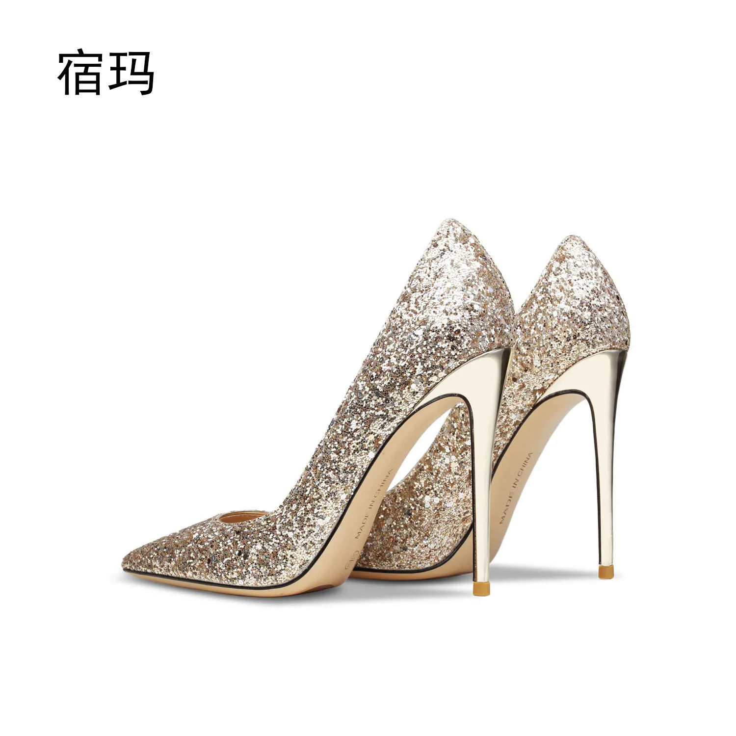 Leather Gold Sequin High Heels 2026 New Thin Heel Pointed Head Shallow Mouth Temperament Crystal Wedding Shoes Single Heel Shoes