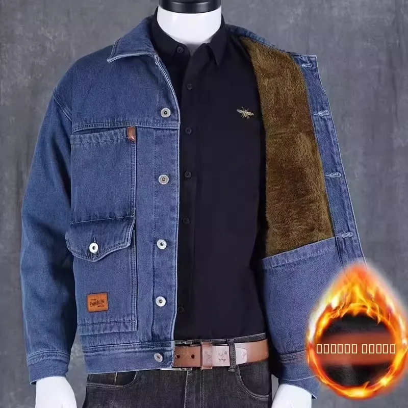 Thiened Fce Lined Denim Jaet for Men Casual Long Sve Turn-down Collar Multi-ket Autumn Winter Wear Resistant Dir...
