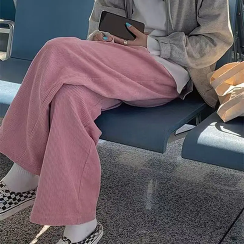 ReddaChic femmes automne hiver rose velours côtelé pantalon rétro jambe large pantalon dame décontracté taille haute solide pantalon rue Chic vêtements