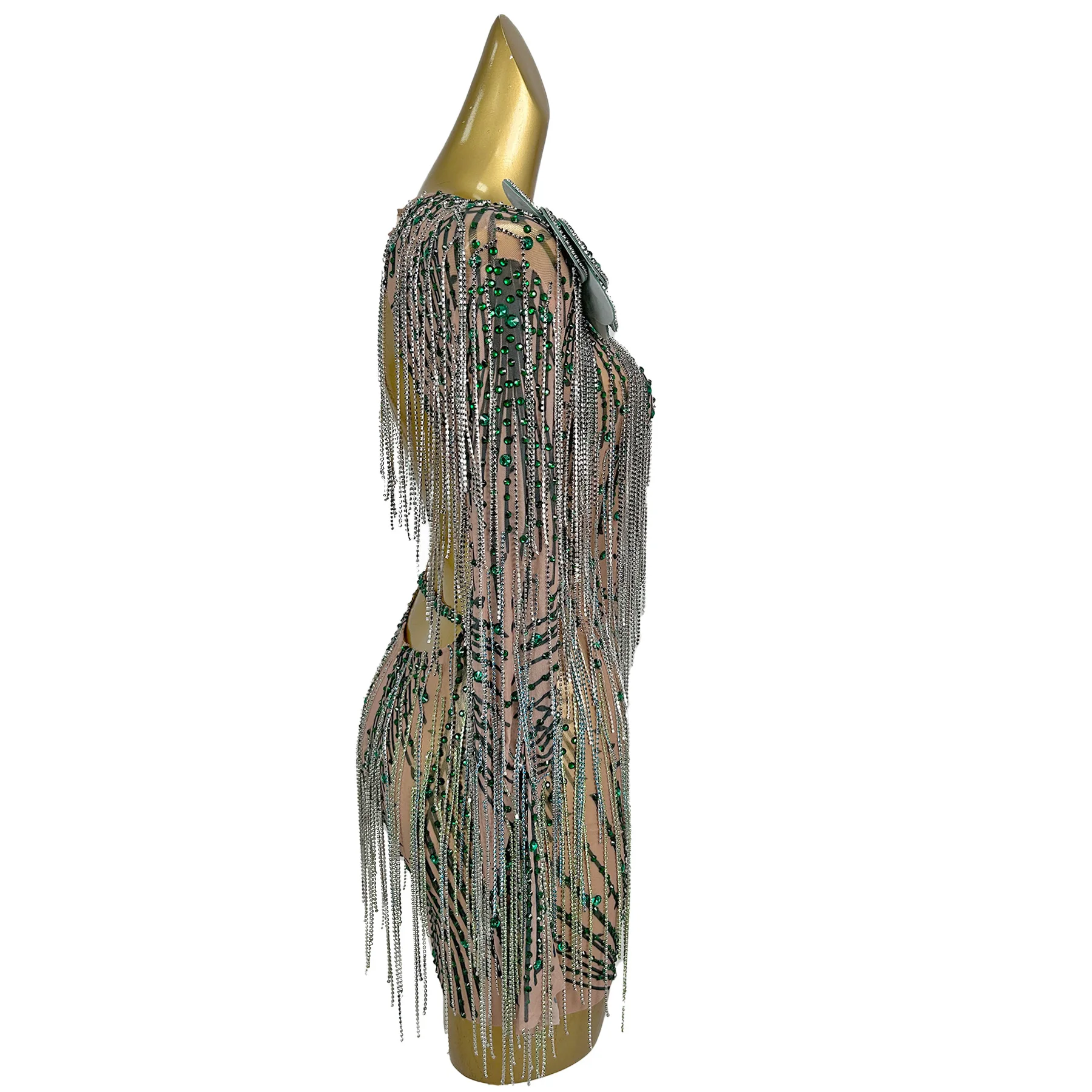 

Sexy Luxury See Through Mesh Full Tassel Mini Dress Backless Sparkly Rhinestone Evening Dress Nightclub Party Show Outfit Lvye