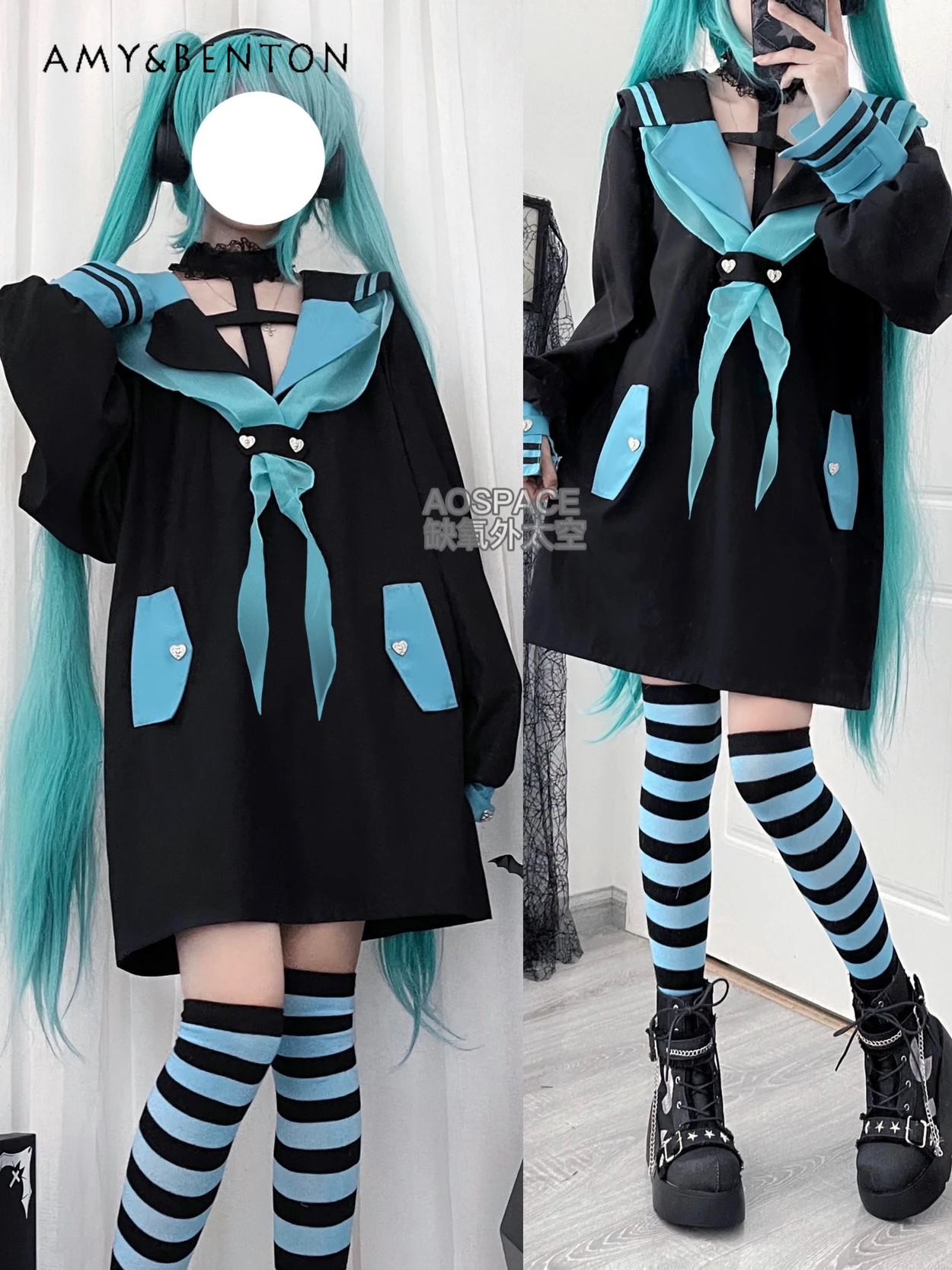 Gothic Halter Color Matching Subculture Loose Sailor Collar Long Shirt Japanese Preppy Style Sweet Cute Oversized Tops Women