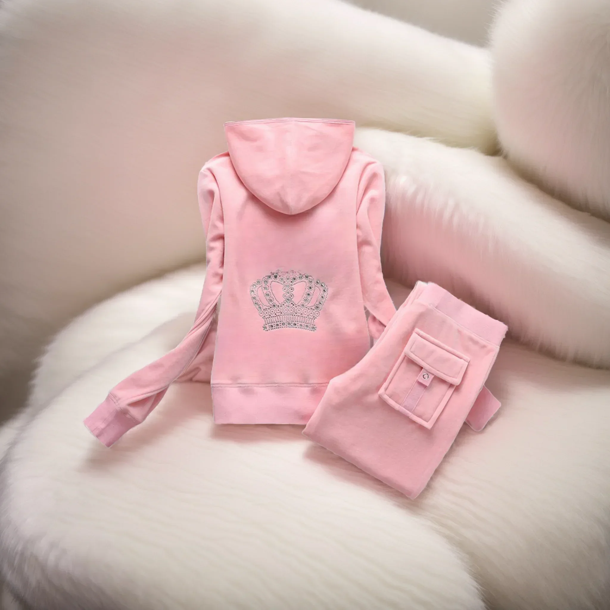 Pink Diamond Printed Velvet Tracksuit 2-Piece Set Tracksuit Suit Women Velvet Juicy tracksuit Sweatshirt and Pants with Diamonds