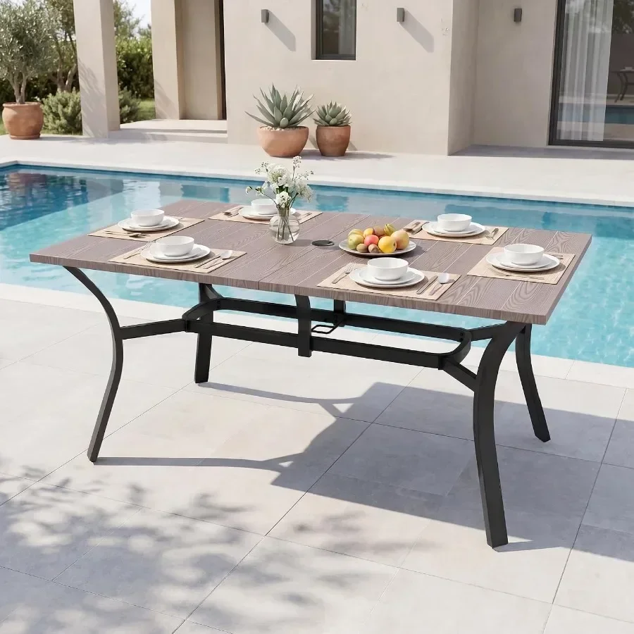 63'' Outdoor Dining Table for 6, Metal Patio Dining Table with Umbrella Hole, Anti-Rust Waterproof Square Table for Porch Deck