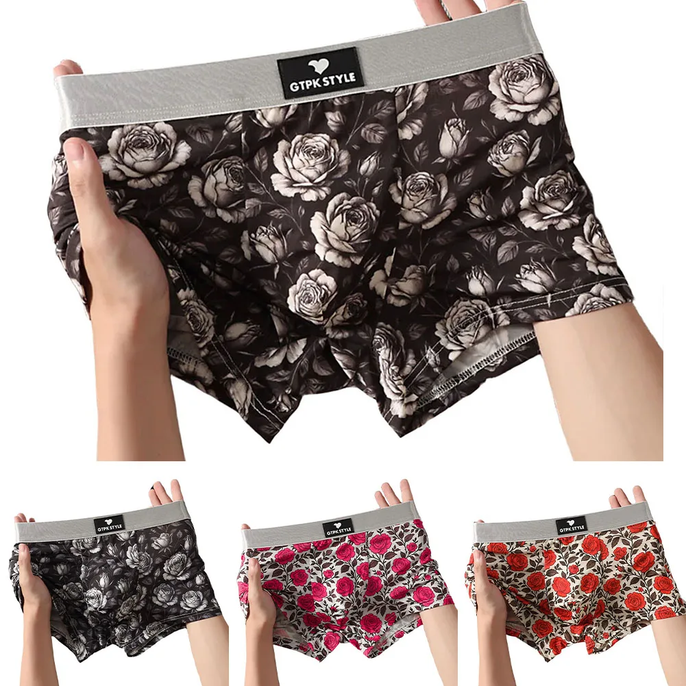 ملابس داخلية بوكسر للرجال بطبعة وردية مع قماش مسامي بتصميم كلاسيكي مسطح للزاوية مناسبة بشكل مريح