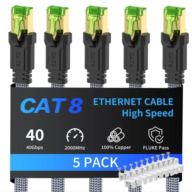 MIZIQIER 5-Pack long CAT8 Flat Network Cable 40Gbps SFTP RJ45 LAN cat 8 Cable Patch Cord for Modem Router Gaming PC PS4/5/6 Xbox