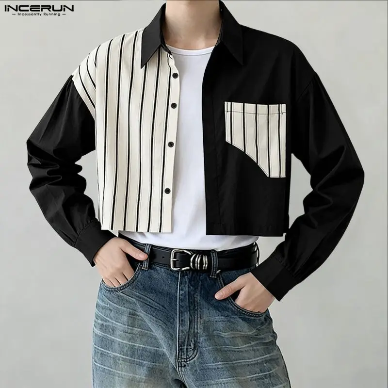 INCERUN الرجال قميص مخطط المرقعة التلبيب كم طويل ملابس الرجال غير رسمية الشارع الشهير جيوب فضفاضة قمصان الموضة الذكور المحاصيل القمم