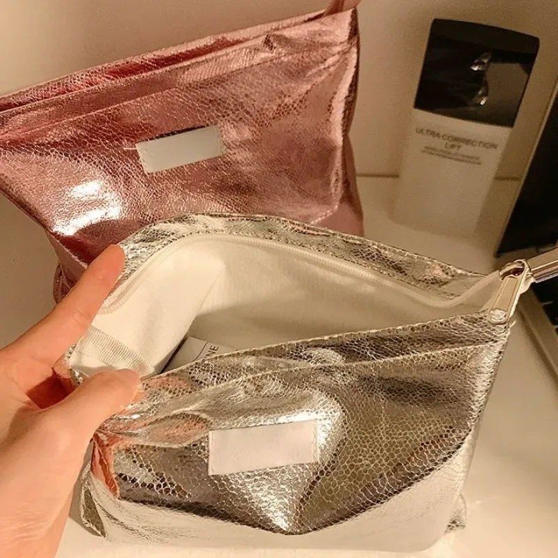 Silver Shiny Sequins Cosmetic Bags Women Large Capacity Champagne Portable Toiletries Skincare Storage Bag Girls Make Up Pouch