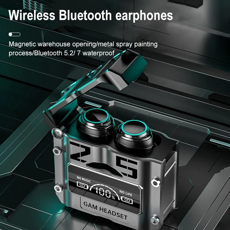 

M25 Wireless Bluetooth 5.2 Bluetooth Earphone Sport Bluetooth Magnetic Hatch Metal Mechanical Style Dual Ear Digital Display