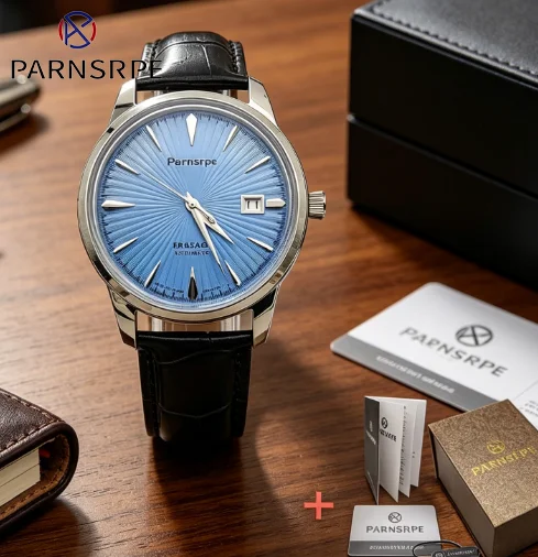 40mm Automatische Dress-Uhr für Herren, CHINA NH35 Uhrwerk, blaues Sunburst-Zifferblatt, Dauphine-Zeiger, Lederarmband