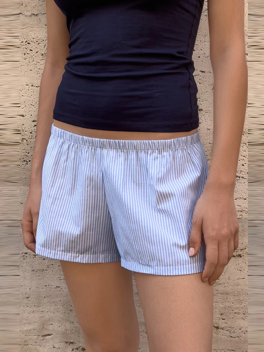 Women Casual Lounge Shorts Summer Solid Color/Striped Elastic Waist Mini Short Pants Ladies Leisure Sleep Bottoms Loungewear