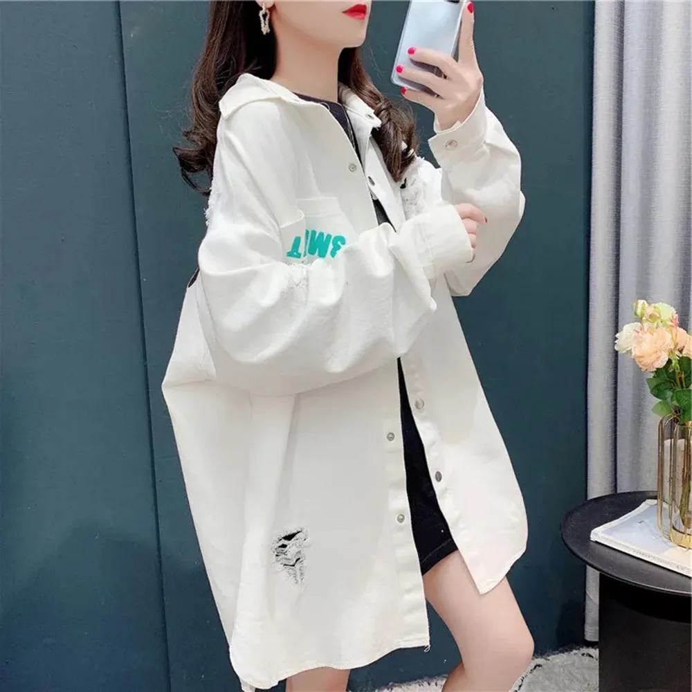 Autumn Denim Shirt Jacket Women Retro Korean Loose Letter Print Long Irregular Bottom Hole Blouses Female Casual Long Shirt Coat